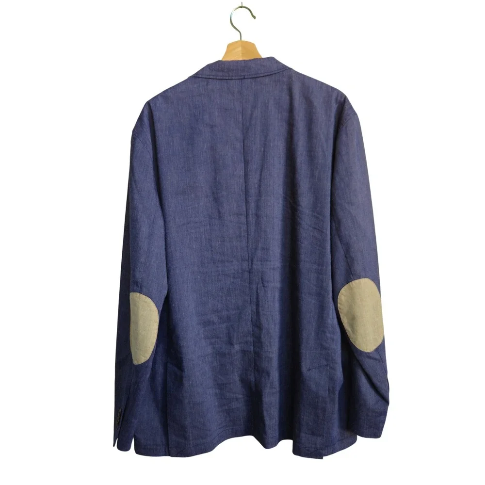 Cremieux Blue Linen Sport Coat XXL Elbow Patch Two Button Butterfly Half Lining